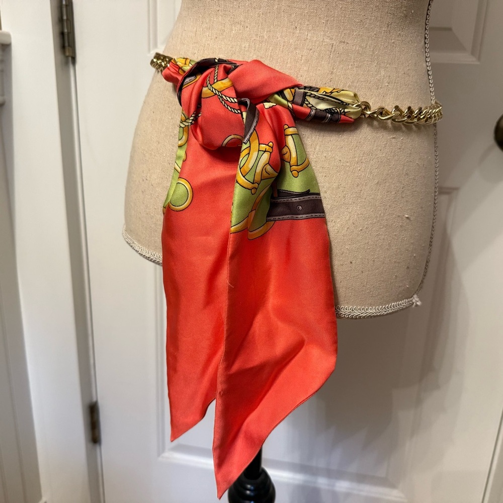 J. McLAUGHLIN BELT ORANGE GREEN SASH TIE GOLD CHAIN - Picture 3 of 9